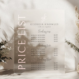 Elegante, moderne Rosa-Rosa-Preisliste Acrylschild