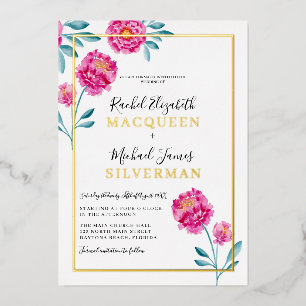 Elegante moderne rosa teal florale Hochzeitsgrenze Folieneinladung