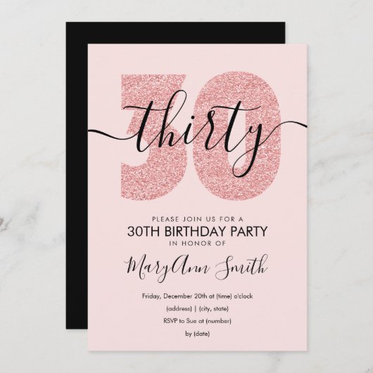 Elegante Moderne Rose Gold Blush 30. Geburtstag Einladung (Vorne/Hinten)