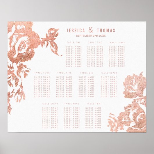 Elegante moderne Rose Gold Floral Seating Chart Poster (Vorne)