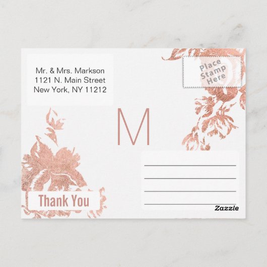 Elegante Moderne Rose Gold Floral Vielen Dank Post Postkarte (Rückseite)