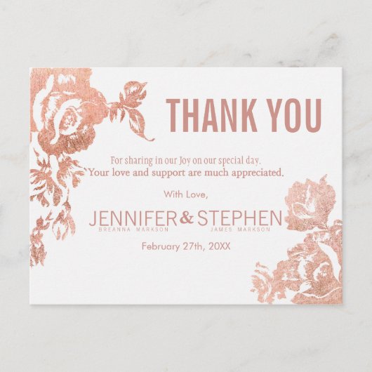 Elegante Moderne Rose Gold Floral Vielen Dank Post Postkarte (Vorderseite)