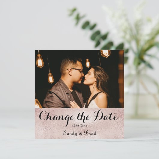 Elegante Moderne Rose Gold Foto Change Date Weddin Karte (Stehend Vorderseite)