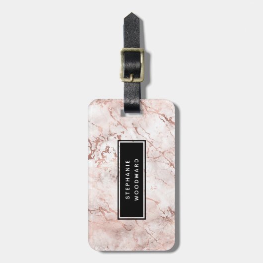 Elegante Moderne Rose Gold Marble Personalisiert Gepäckanhänger (Vorderseite vertikal)