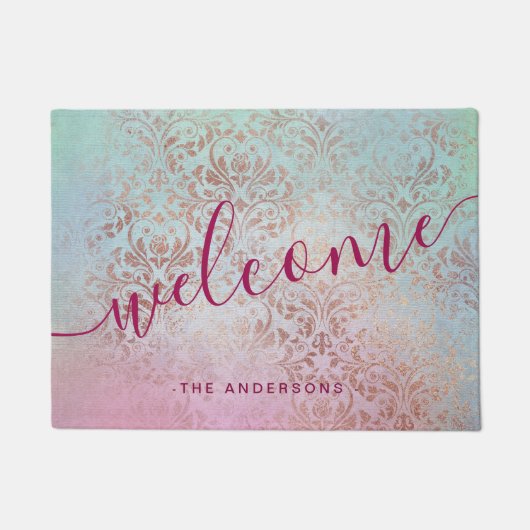 Elegante, moderne Rose Golddamastenaquarine Fußmatte (Vorderseite)