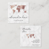 Elegante, moderne Rose mit weißem Marmor-Weltkarte Quadratische Visitenkarte (Vorne/Hinten)