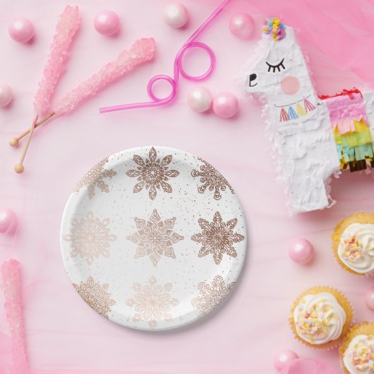 Elegante moderne Rosen-Goldschneeflocken des Pappteller (Party)