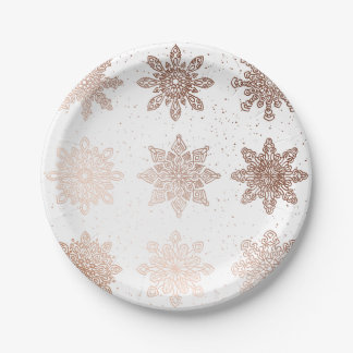 Elegante moderne Rosen-Goldschneeflocken des Pappteller