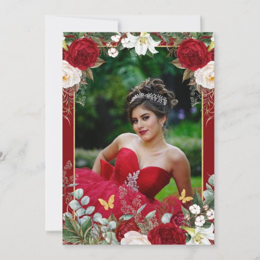 Elegante Moderne Rote Flora mit Foto Quinceañera Einladung (Rückseite)