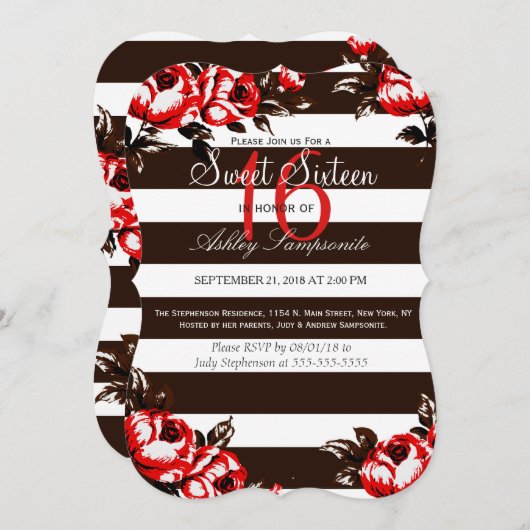 Elegante, moderne rote Flora und schwarze und weiß Einladung (Vorne/Hinten)