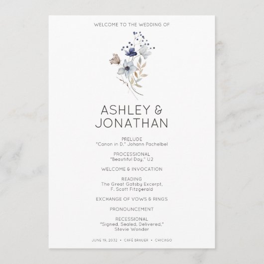 Elegante Moderne Rustikale Wildblume Hochzeit Programm (Vorderseite)