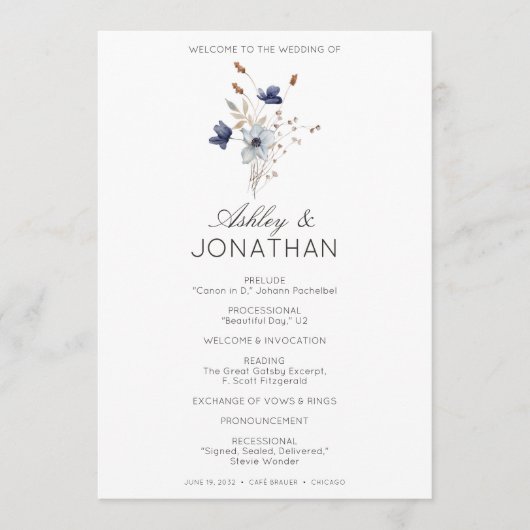 Elegante Moderne Rustikale Wildblume Hochzeit Programm (Vorderseite)