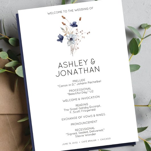 Elegante Moderne Rustikale Wildblume Hochzeit Programm