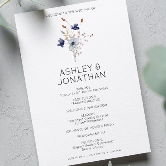 Elegante Moderne Rustikale Wildblume Hochzeit Programm