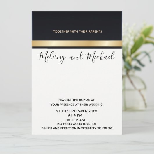 Elegante, moderne, schicke Schwarz-weiße und golde Einladung (Stehend Vorderseite)