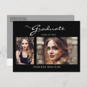 Elegante moderne Schrift | 2 Foto Grad Bekanntgabe Postkarte (Vorne/Hinten)