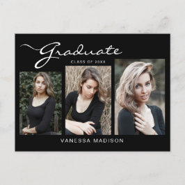 Elegante moderne Schrift | 3 Foto Grad Bekanntgabe Postkarte