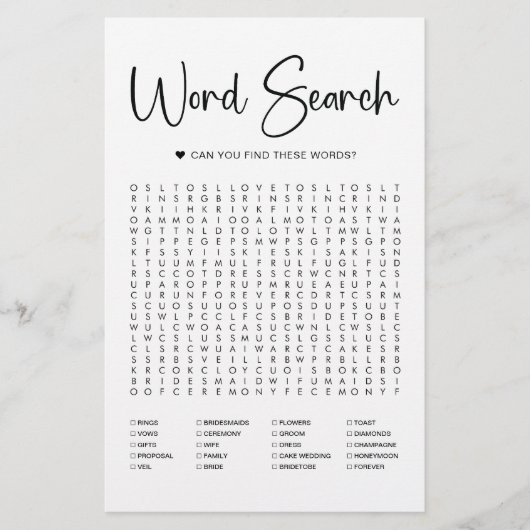 Elegante moderne Schrift | Bridal Word Search Game (Vorderseite)