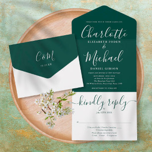 Elegante moderne Schrift Minimalistische Smaragd-H All In One Einladung