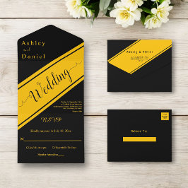 Elegante, moderne Schwarz-Gold-Extravagante Hochze All In One Einladung