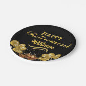 Elegante moderne Schwarz-Gold Happy Rentirement Pappteller (Schrägansicht)