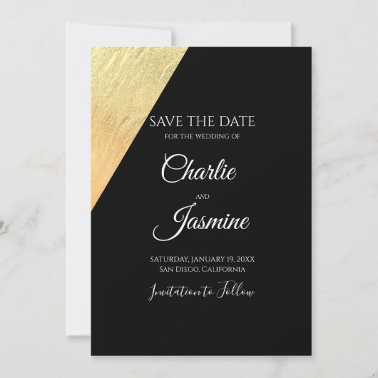 Elegante Moderne Schwarz & Gold Hochzeit Save The Date (Vorderseite)