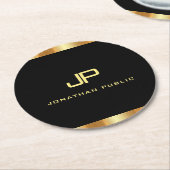 Elegante moderne Schwarz-Gold-Monogramm-Vorlage Runder Pappuntersetzer (Angewinkelt)