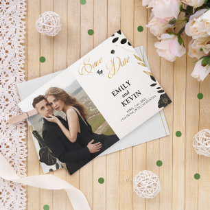 Elegante moderne Schwarz-Weiß-, Blumen-, Foto-Kart Save The Date