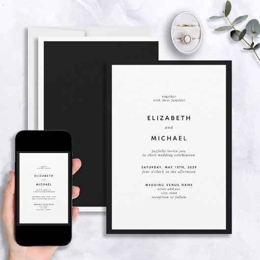 Elegante moderne Schwarz-Weiß-Typografie Hochzeit Einladung