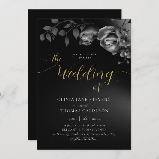 Elegante Moderne Schwarz-weiße Blumenhochzeit Einladung (Vorne/Hinten)