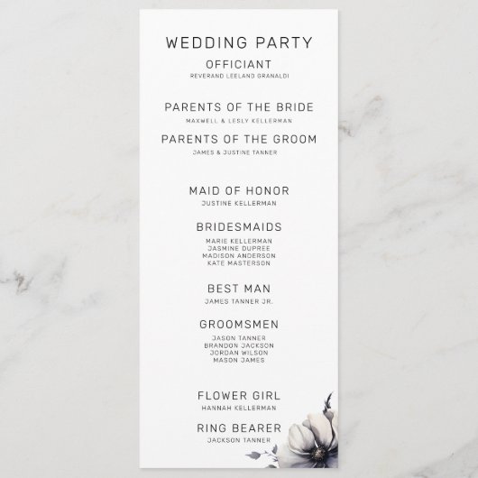 Elegante Moderne Schwarz-weiße Blumenzeremonie Programm (Rückseite)