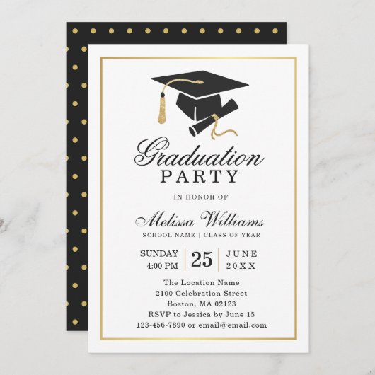 Elegante Moderne Schwarz-weiße Gold Graduation Par Einladung (Vorne/Hinten)
