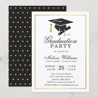 Elegante Moderne Schwarz-weiße Gold Graduation Par Einladung