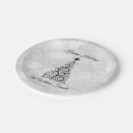 Elegante Moderne Schwarz-weiße Weihnachtsfeier Pappteller (Schrägansicht)