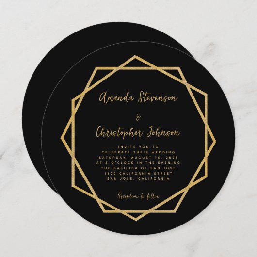 Elegante Moderne Schwarze Gold Geometrische Hochze Einladung (Vorne/Hinten)