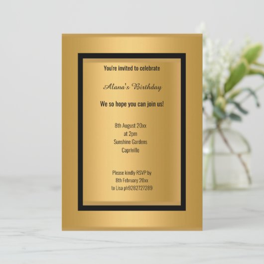 ELEGANTE MODERNE SCHWARZE GOLD METALLIK ALLE OKASS EINLADUNG (Stehend Vorderseite)