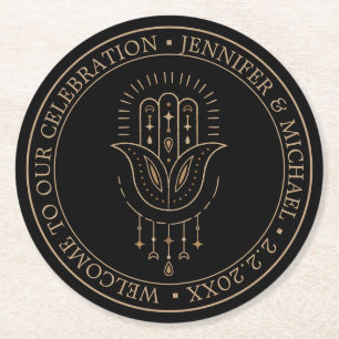 elegante, moderne, schwarze goldene Hochzeit Runder Pappuntersetzer