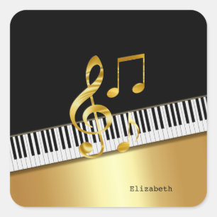 Elegante moderne schwarze goldene Noten, Klavierta Quadratischer Aufkleber