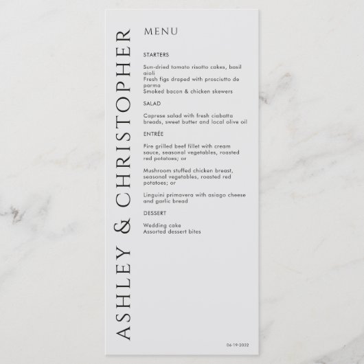 Elegante Moderne Schwarze Hochzeit Menükarte (Vorderseite)