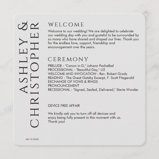 Elegante Moderne Schwarze Hochzeit Programm (Vorderseite)