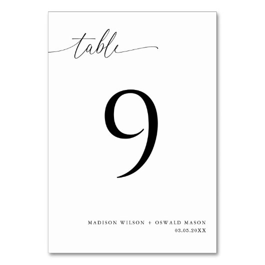 Elegante moderne Schwarze Kalligraphie Hochzeit 9 Tischnummer (Vorderseite)