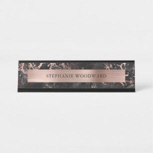 Elegante moderne schwarze Marmor-Roségold-Folie Schreibtischnamensplakette