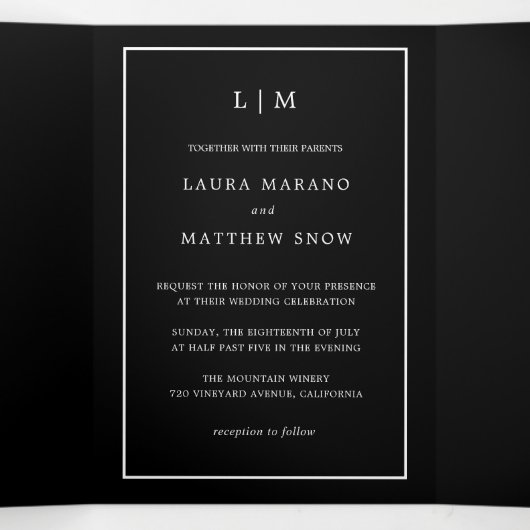 Elegante Moderne Schwarze Monogramm Einfache Hochz Dreifach Gefaltete Einladung (Innenseite Mitte)
