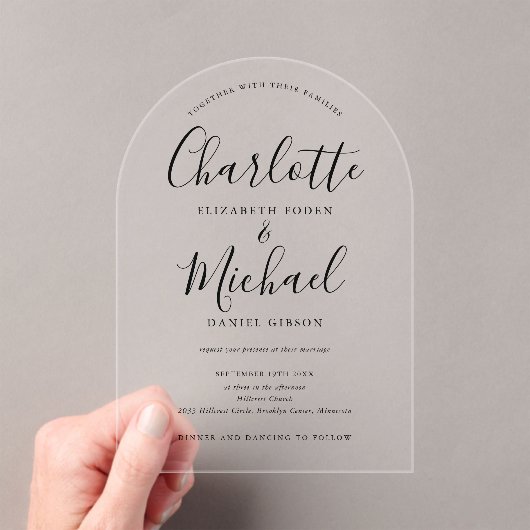 Elegante Moderne Schwarze Signatur Script Arch Wed Acryleinladungen (Insitu (Handheld))