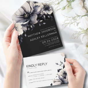 Elegante moderne schwarze weiße Blumenhochzeit All In One Einladung