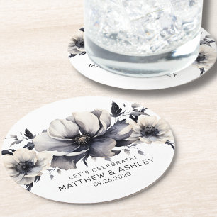 Elegante moderne schwarze weiße Blumenhochzeit Runder Pappuntersetzer
