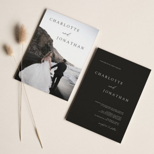 Elegante Moderne Schwarzes Foto Klassische Hochzei Einladung