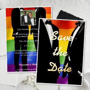 Elegante moderne schwule Hochzeit Regenbogen Gold Folieneinladung