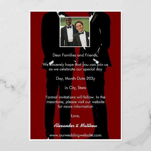 Elegante moderne schwule Männer Hochzeit Gold Folieneinladung (Rückseite)