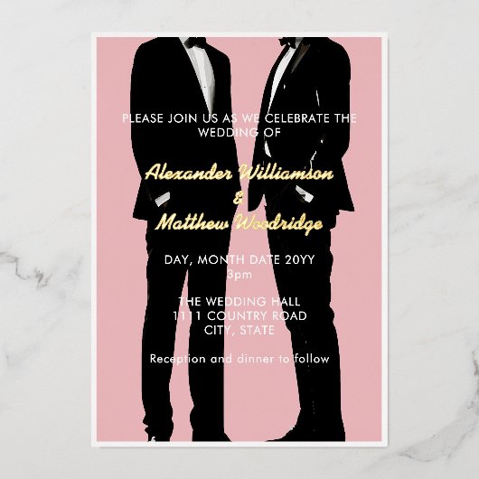 Elegante moderne schwule Männer Hochzeit Gold Folieneinladung (Vorderseite)